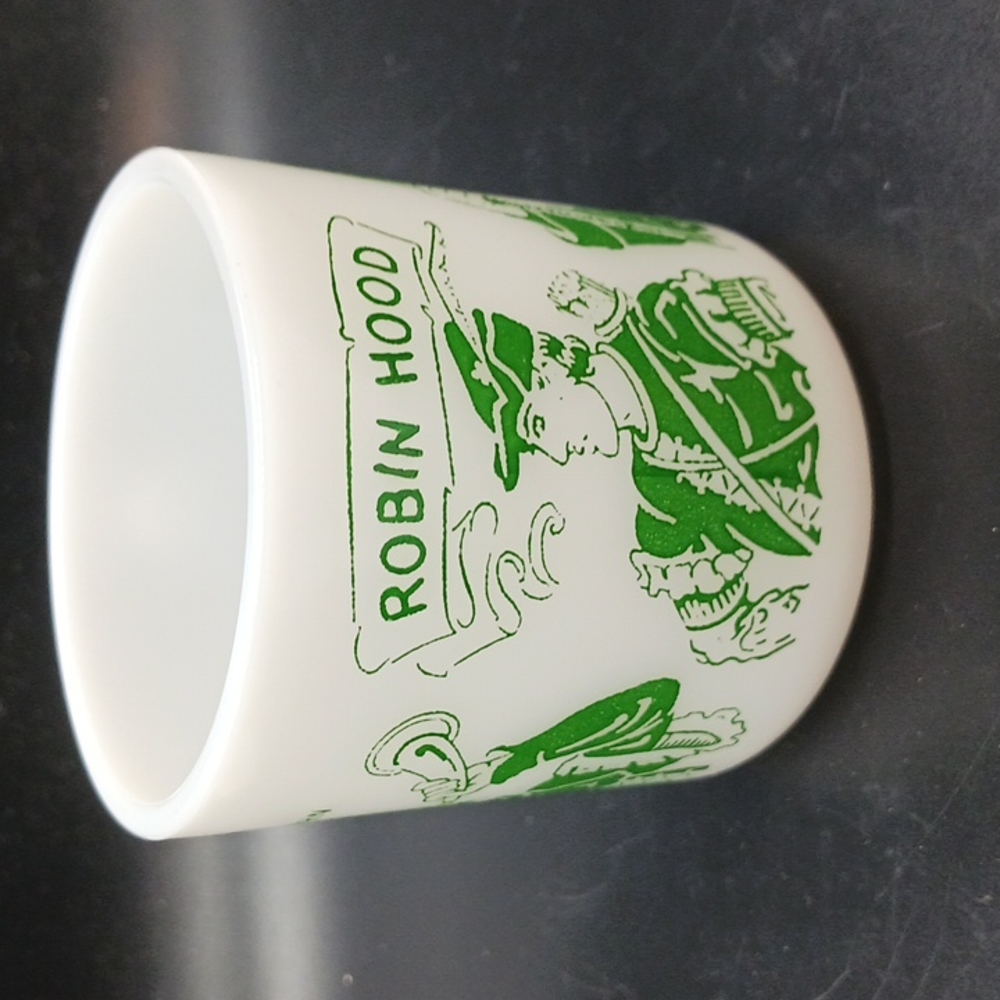 Vintage Child's Robin Hood Hazel Atlas Milk Glass Mug/Cup Friar Tuck Little John